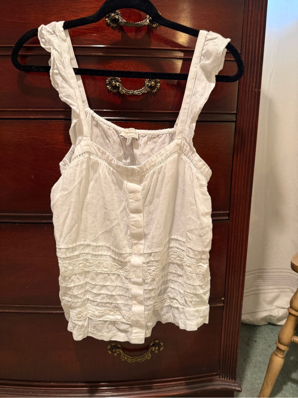 Lucky Brand White Ruffle-Trim Button Tank